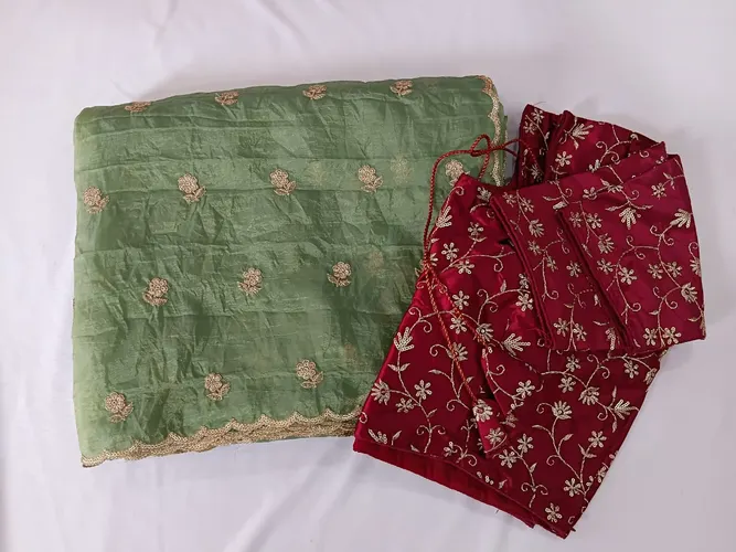 Pista Green Crush tissue Saree with designer blouse